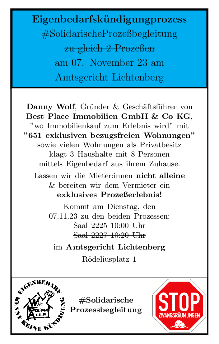 Erinnerung: Am Dienstag 7.11. 10 Uhr beginnt der 1. von mindestens 3 #Eigenbedarfskündigung Prozessen von #BestPlace Besitzer Danny Wolf vor dem Amtsgericht Lichtenberg. Lassen wir die Mieter:innen nicht allein! #SolidarischeProzessBegleitung Kommt frühzeitig wg Eingangskontrolle