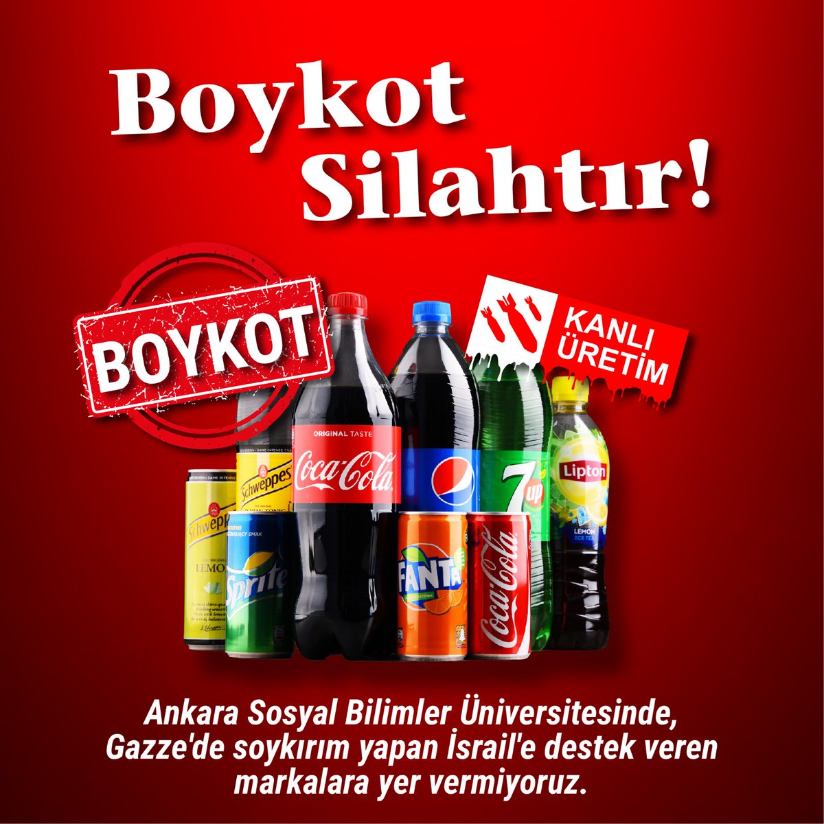 Ankara Sosyal Bilimler Üniversitesinde, Gazze'de soykırım yapan İsrail'e destek veren markalara yer vermiyoruz.