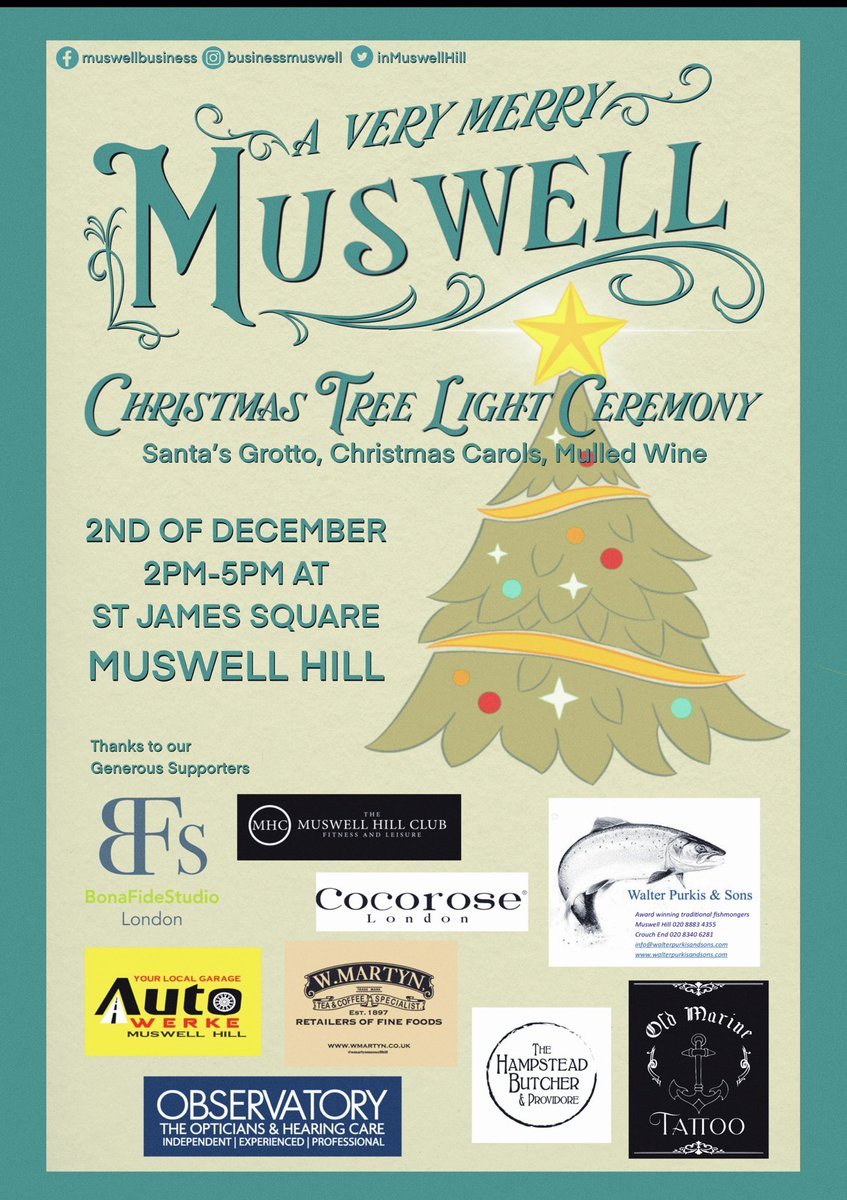 For your diary:
2nd of December 2pm-5pm
At St James Square
Muswell Hill Christmas Tree Lighting Ceremony 
Hope to see you all there! #muswellhill #n10 #ChristmasTree