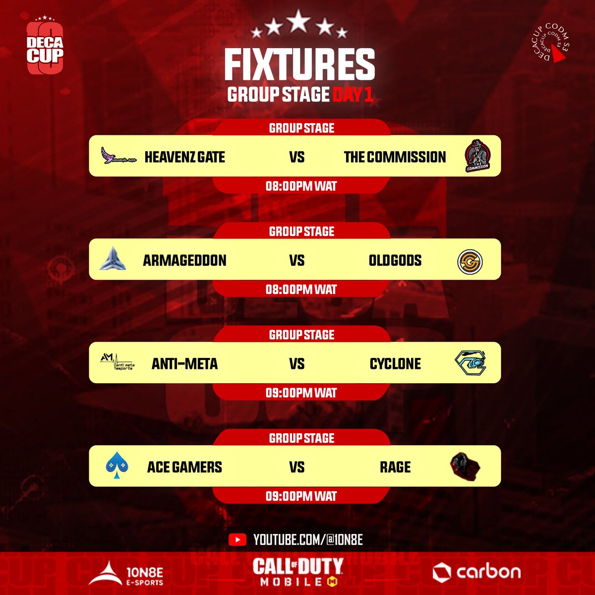 After lots of preparation, today Decacup S3 Kicks-Off, These teams will battle today, ready to unleash limitless possibilities.

Enter the arena of Champions.Don't miss a moment
Live on Youtube: youtube.com/10n8e
Time:
8:00pm WAT
#10n8e #decacup #S3 #codm
#gaming #esports