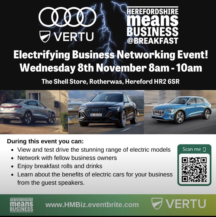 Join us THIS Wednesday for a FREE Business Networking Breakfast in Association with <a href="/HerefordAudi/">Hereford Audi</a> at <a href="/shellstoreheref/">Shell Store</a> 

🚗 View and test drive the stunning range of electric models
🚙 Enjoy breakfast rolls and drinks
🚗 Network with fellow business owners
🚙 Learn about the