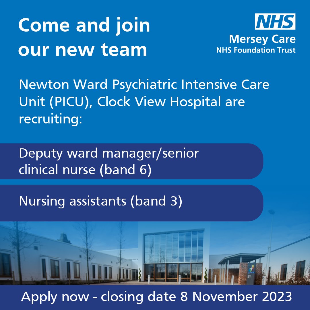 If you are an experienced inpatient #Nurse or #NursingAssistant? Apply to join our new team at Newton Ward Psychiatric Intensive Care Unit #PICU based in the award winning Clock View Hospital, #Liverpool ⬇

📅 Closing 8 Nov
💰 £22,816 - £42,618 P/A

bit.ly/MCFT-newton-pi…