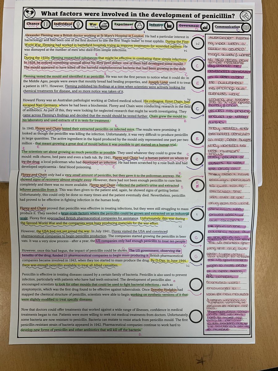 Why was there rapid progress in the development of penicillin? A little bit of guided reading. Getting the pupils to look at the factors that contributed to the development of penicillin. The pupils identified the factors and then colour coded them #historyteacher