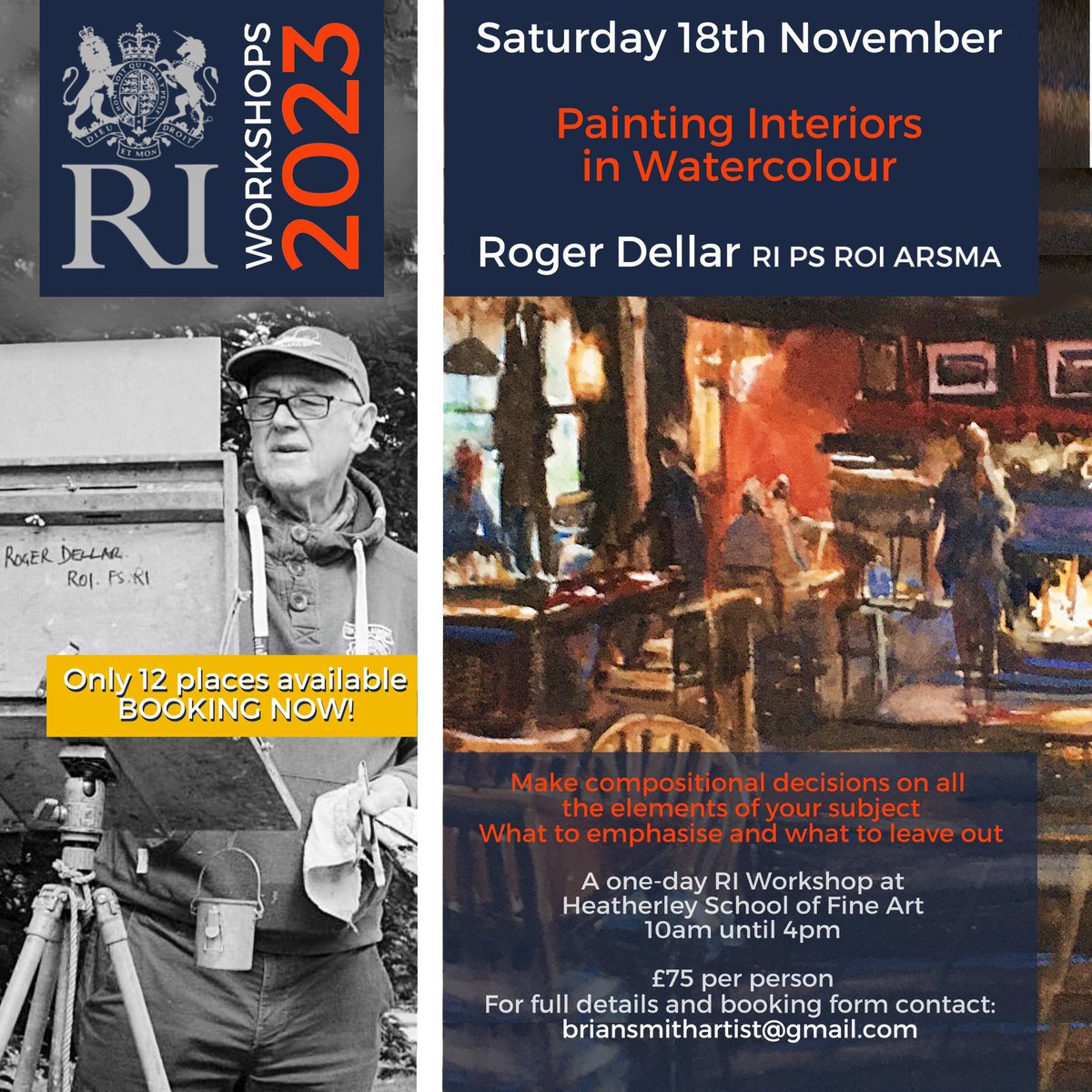 There are a few places left on the watercolour workshop with Roger Dellar RI PS ROI ARSMA on 18th November... please contact briansmithartist@gmail.com for details.