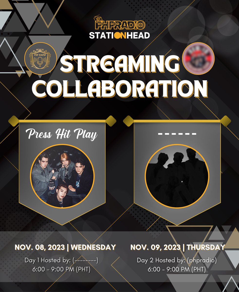 PHPRadio_'s tweet photo. [🎶STATIONHEAD STREAMING COLLABORATION🎶]

Get the Midweek vibes by joining our first 2-DAY streaming collab this week! 💛

Fanclub Artist Hint:
NEW Filipino Pop Group

We'll reveal the fanclub and the artist tomorrow so stay tuned! ✨

#PHPRadio
#Press_Hit_Play @PressHitPlay https://t.co/gXHi7jrL20