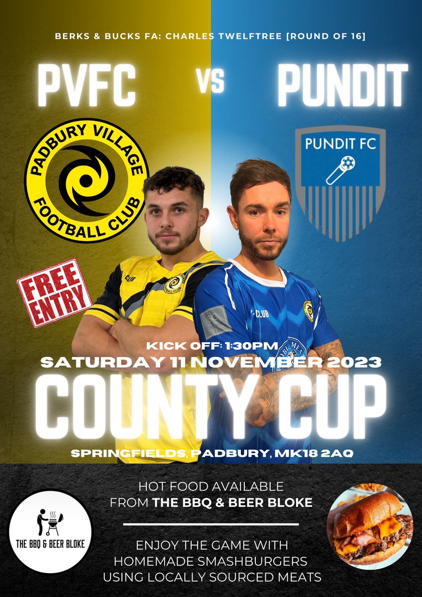 ⚽️ | NEXT MATCH

Onto the big one... we host Pundit FC next Saturday in our <a href="/BerksandBucksFA/">Berks & Bucks FA</a> County Cup fixture. We're also joined by BBQ &amp; Beer Bloke on the day so you can enjoy the game with amazing smashburgers!

We'd love to see you down there to support the lads!

#UTV 🐝