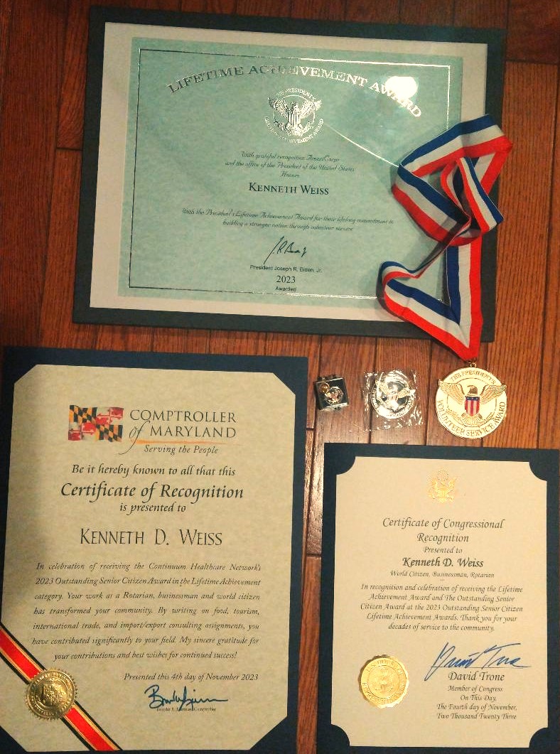 Many thanks to Jheni Libongco and Continuum Healthcare Network for medals and certificates awarded to me and other people - with signatures of President Biden, U.S. Rep. Trone, and State Controller Lierman.