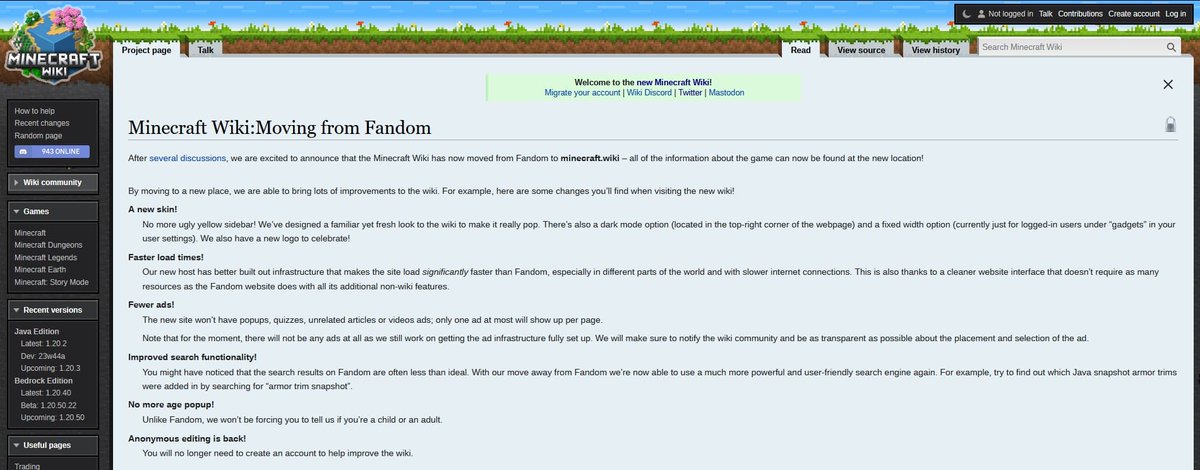 comicschau's tweet photo. Das bekannte Minecraft-Wiki (@MinecraftWikiEN) wechselt von Fandom auf eine andere Website. Zu groß wären die Probleme mit #Fandom geworden.
Hier lesen: https://t.co/pmFAR6UmvJ
#news #minecraft #minecraftfandom https://t.co/BG5JN4jLse