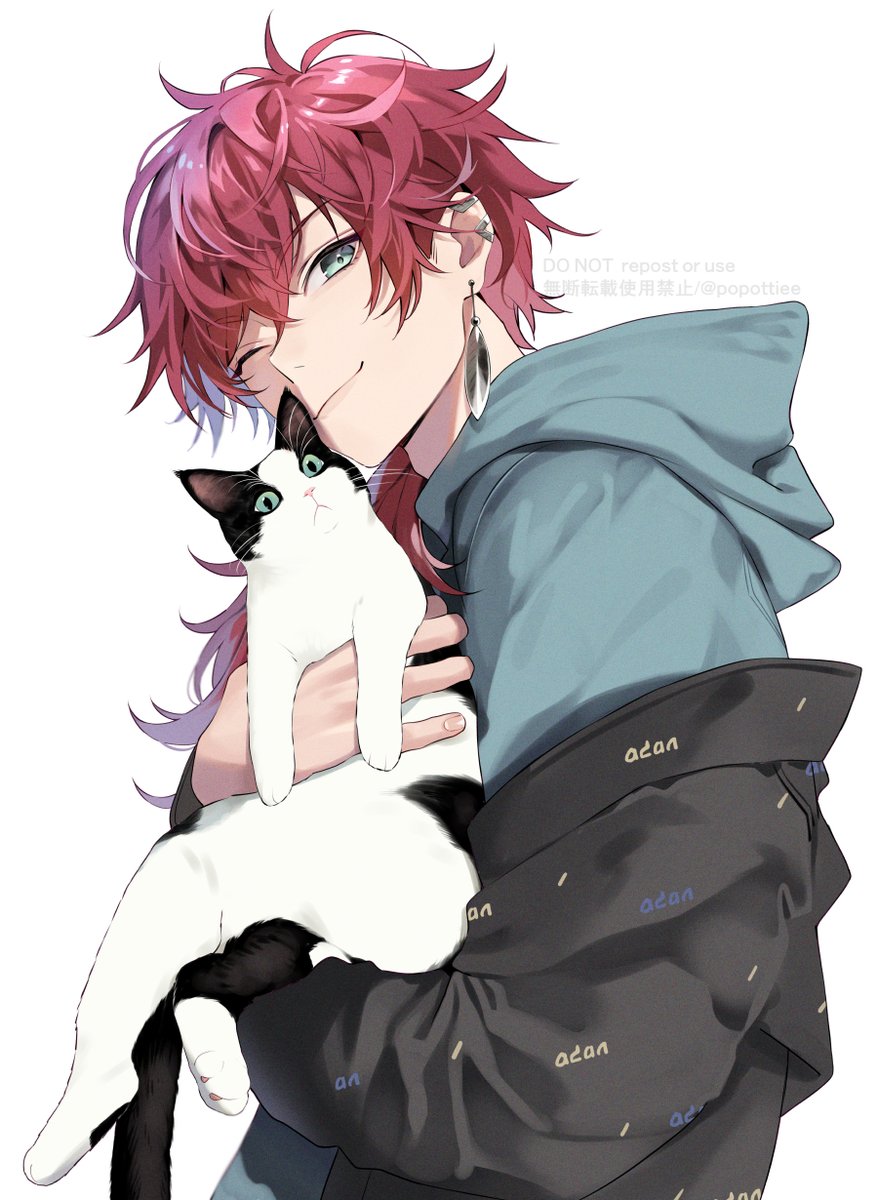 1boy male focus cat one eye closed red hair hood jewelry  illustration images