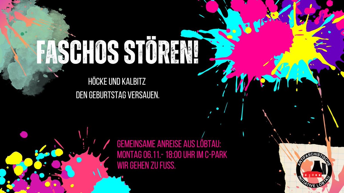 +++ Gemeinsame Anreisaus #Löbtau  zum Protest gegen #PEGIDA +++

Wann: Montag 06.11. (#DD0611)

Wo: 18:00 Columbusspark 

Wie: gemeinsam & zu Fuß

Warum: Weil wir die Faschisten von PEGIDA, Höcke & Kalbitz nicht ungestört lassen können!

#Antifa #AlleZusammenGegenDenFaschismus!