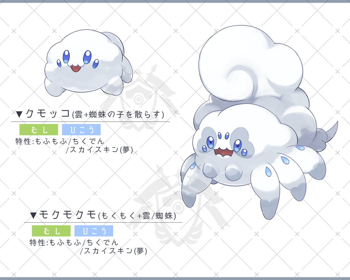 Loca_ruchem's tweet photo. ▼ クモッコ(雲+蜘蛛の子を散らす)
　▼ モクモクモ(もくもく+雲/蜘蛛)

専用技:くものこちらし
　自分のHPを最大HPの半分だけ減らす代わりに、自分の回避を最大まで上げる。

　クモッコ達は身の危険を感じると自身の体毛を切り離す。体毛は瞬時に膨張し自身そっくりなデコイとなる。
#レーヴ地方 https://t.co/xBwsFy2oAJ