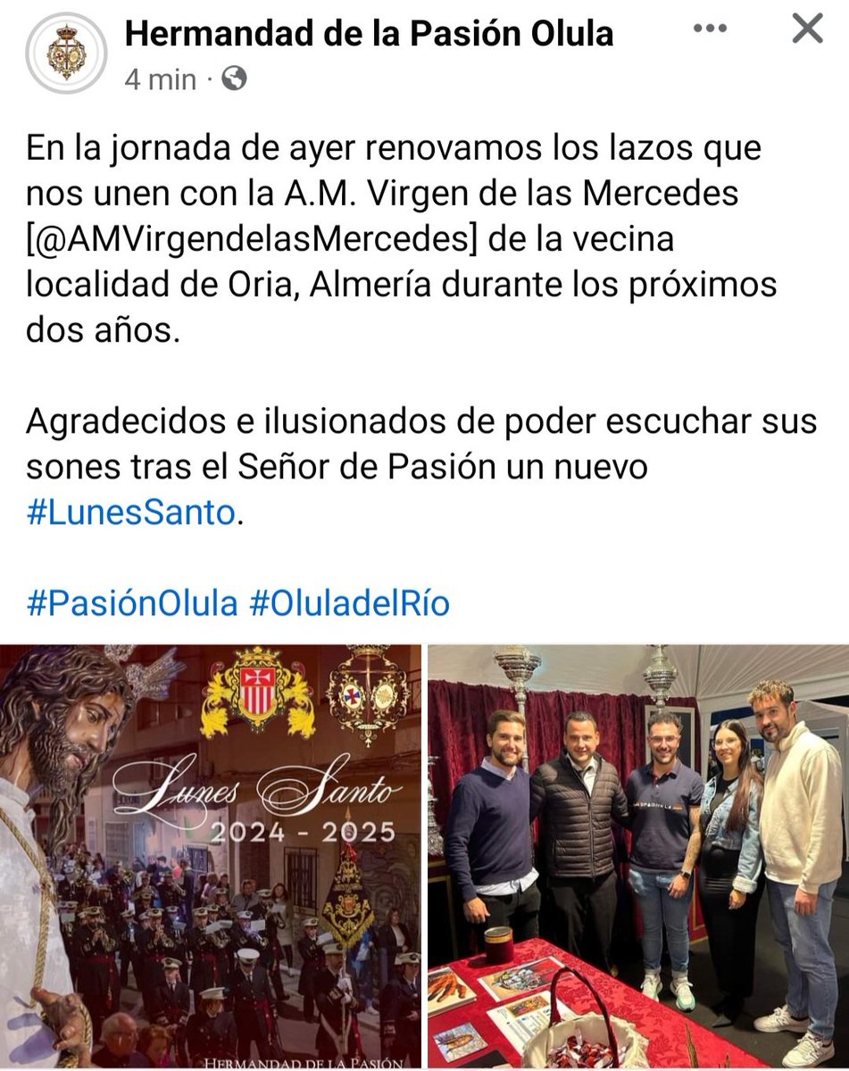 Firma de acuerdo entre <a href="/hdadpasionolula/">Hermandad de la Pasión</a> y <a href="/AMVirgenMerced/">A.M.Virgen Mercedes</a> para las dos próximas Semanas Santas 24 y 25. #regionescofrade