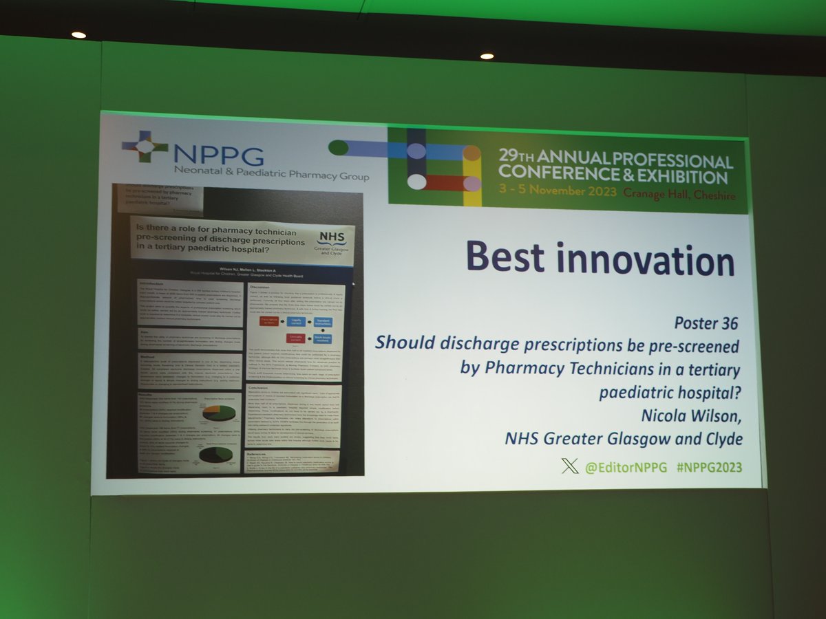Congratulations to Nicola Wilson , Lorraine Mellon &amp; Andrew Stockton winning the Innovation Award at #NPPG2023  for work developing a clinical pharmacy technician service in paediatrics at the Royal Hospital for Children in Glasgow <a href="/NHSGGCPharmacy/">NHSGGC - Pharmacy Services</a> <a href="/APTUK1/">APTUK</a>