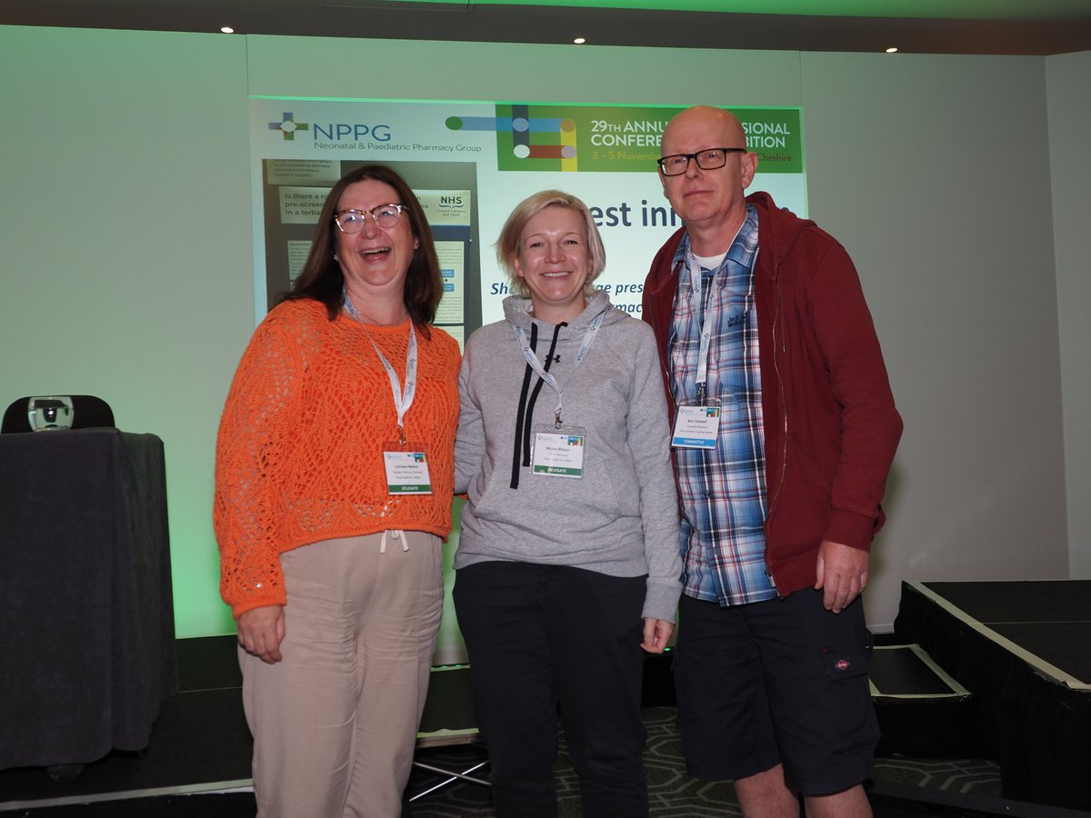 petermulhollan's tweet photo. Congratulations to Nicola Wilson , Lorraine Mellon &amp; Andrew Stockton winning the Innovation Award at #NPPG2023  for work developing a clinical pharmacy technician service in paediatrics at the Royal Hospital for Children in Glasgow @NHSGGCPharmacy @APTUK1 https://t.co/GyZ5EtVdlu