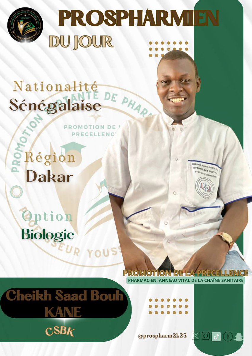 prospharm2k23's tweet photo. Bonjour  🤗
Découvrez nôtre prospharmien du jour Mame cheikh saad bouh kane  «Mr l’interne » 😁de la région de Dakar
Retrouvez son parcours ➡️ https://t.co/F3reH4jUxZ… https://t.co/O9mcxpLjot