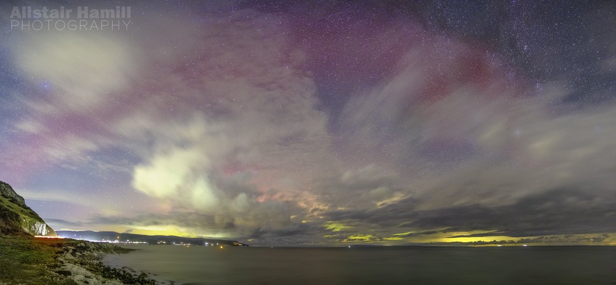 Brilliant aurora display last night at Glenarm - including my first sub auroral arc of solar cycle 25! I had to try for a pano to fit it all in. This arc was right above my head at the time!