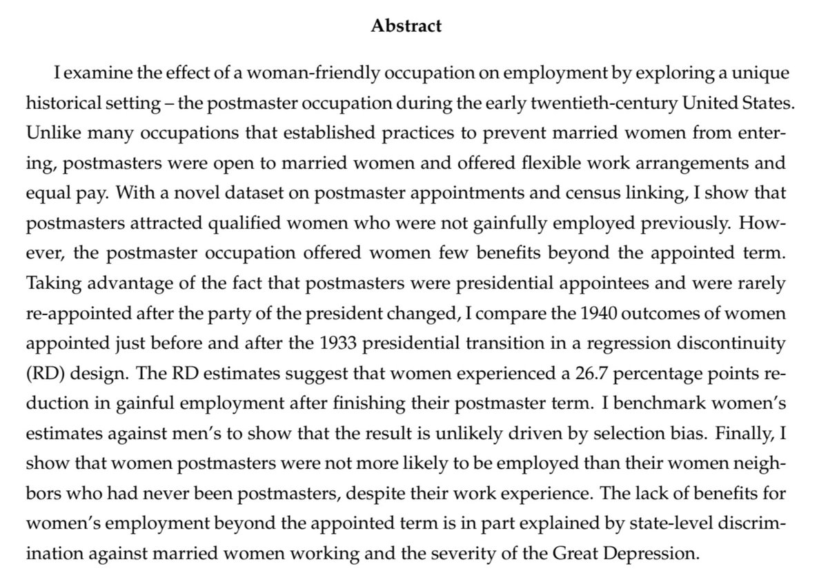 Sophie Li

JMP: "The Effect of a Woman-Friendly Occupation on Employment: U.S. Postmasters Before World War II"

Website: sophieli-econ.com