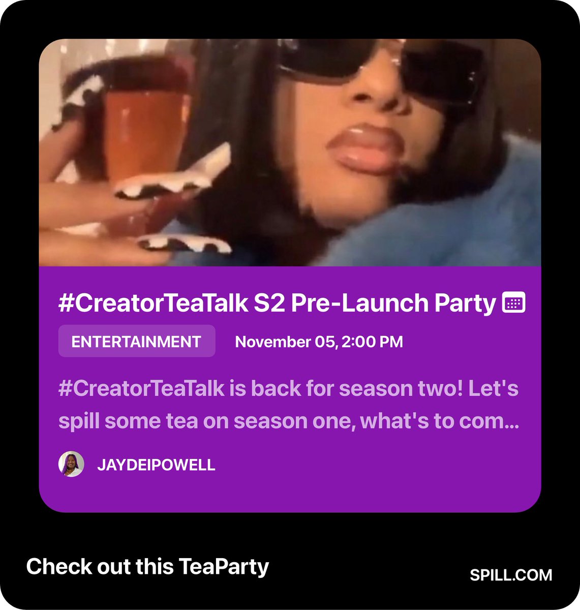 jaydeipowell's tweet photo. today’s the day. 🙌🏾
i’ll be live on @SpillMob at 2pm et to celebrate season two of #CreatorTeaTalk. 🙌🏾
if you need a code, use: ✨SPILLMOB✨ https://t.co/ItSF342qvq