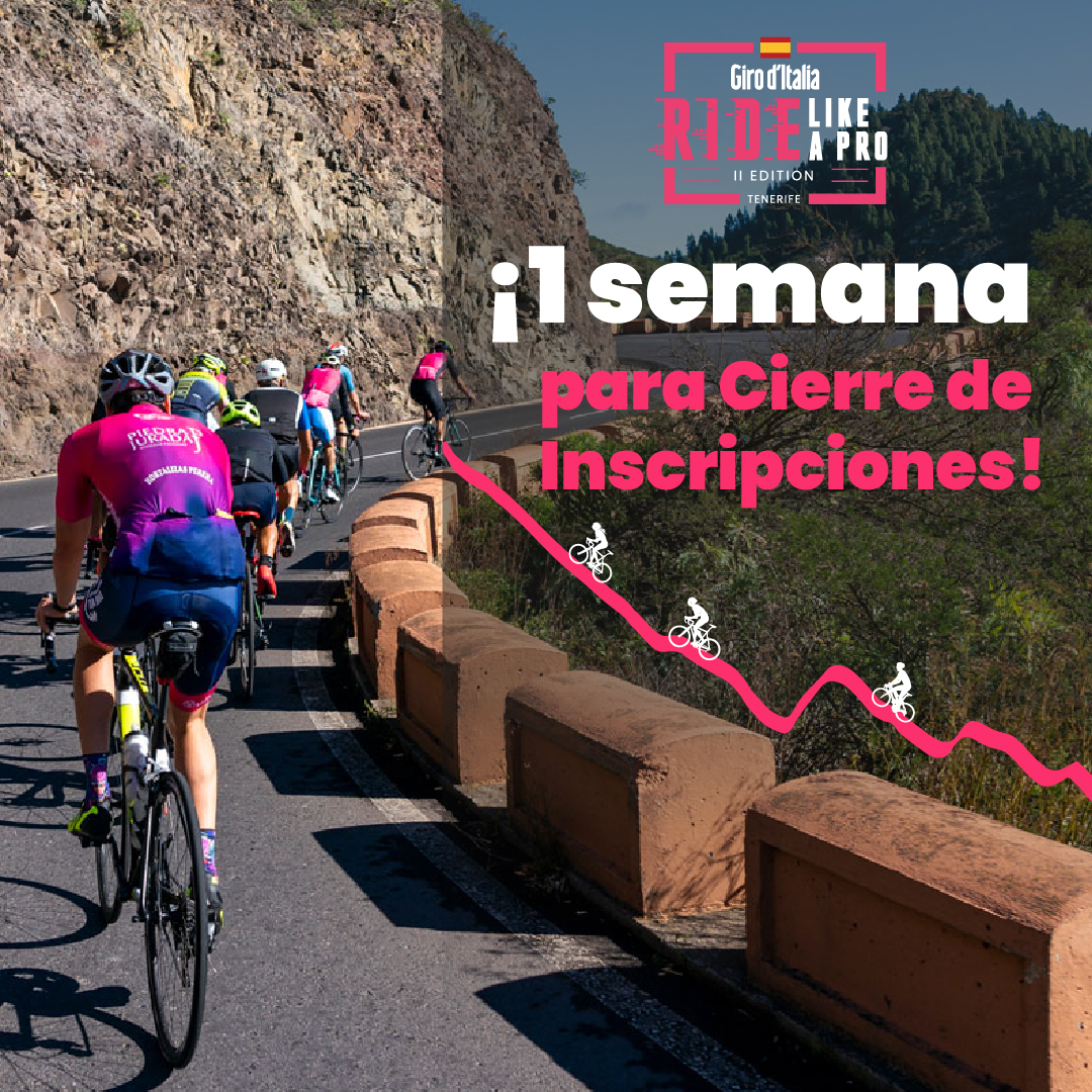 🇪🇸¡Hola familia!💕
Queda solamente una semana para cerrar las inscripciones a Giro d'Italia Ride Like a Pro Tenerife.
Aún estás a tiempo de disfrutar en un entorno idílico...¿vas a quedarte sin dorsal?😱