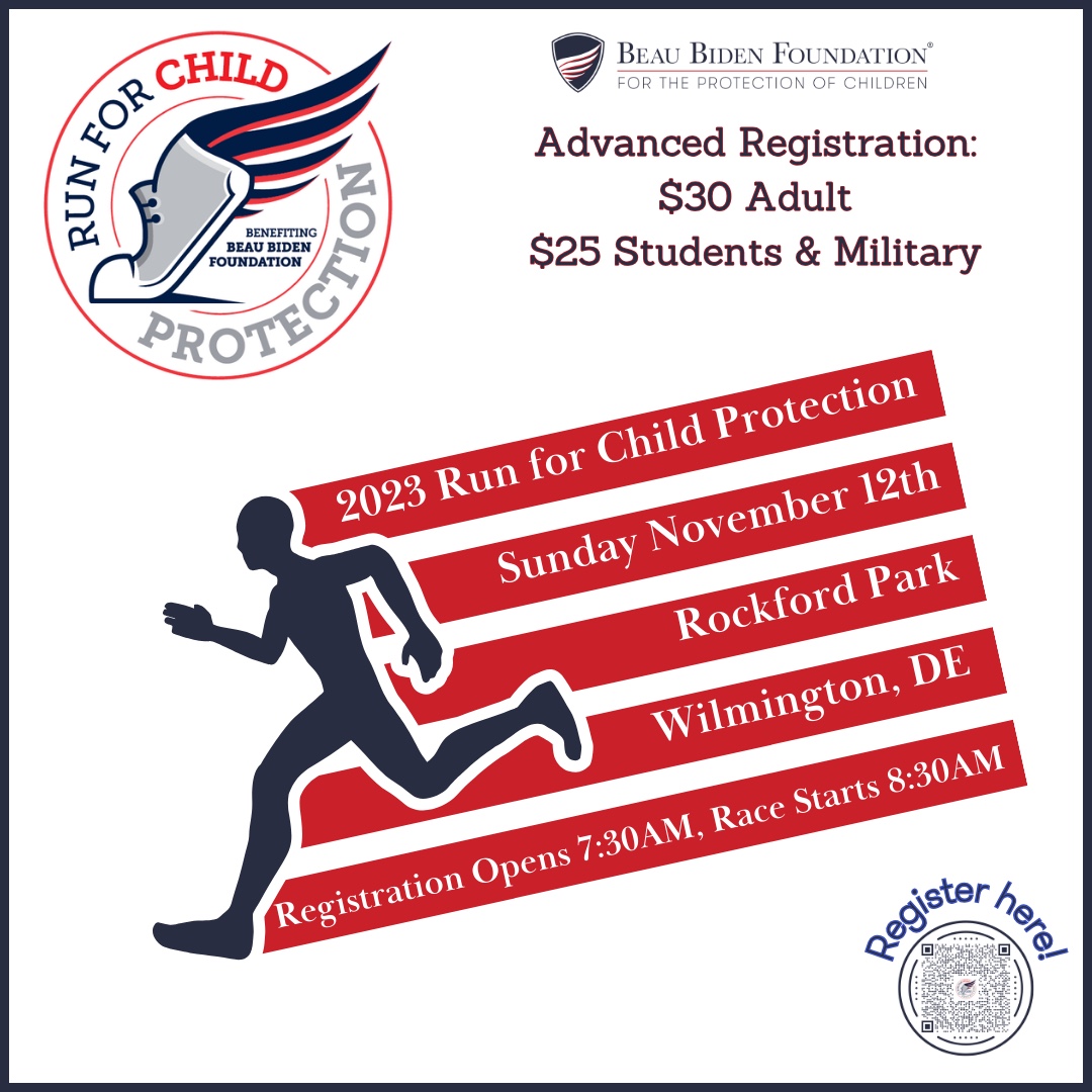 Have you registered yet for the 2023 Run for Child Protection? This 5k run/walk will be held Sunday, November 12th in beautiful Rockford Park, Wilmington, Delaware. Register today at bit.ly/3QuKtsk.