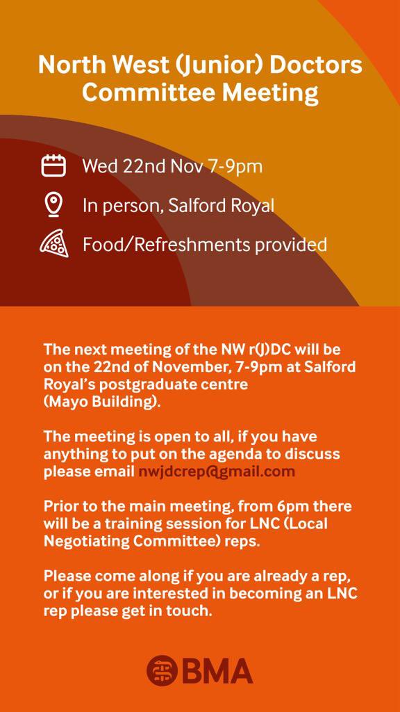 NWRRDC's tweet image. 📣 Calling all doctors in the NW
Join us for the next regional meeting to discuss the pay campaign and more
🗓️ Weds 22nd Nov 7pm-9pm
Meet your fellow reps, activists, colleagues
💻 Teams link to follow for attending virtually
Register interest here:
tinyurl.com/4rc4uffc
