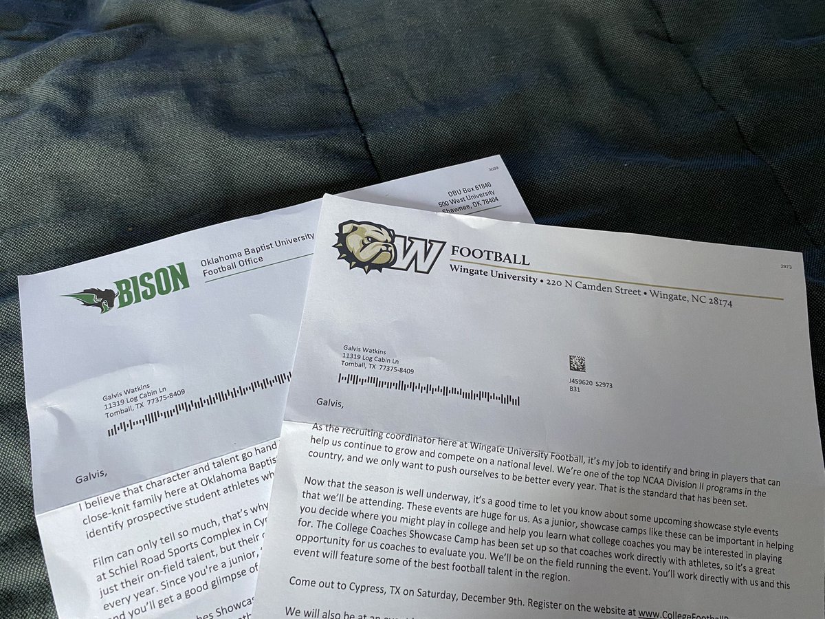 Thank you <a href="/WingateFb/">Wingate Bulldogs Football</a> and <a href="/OBU_Football/">OBU Football</a>. Can’t wait to showcase my talents December 9th at College Coaches Showcase Camp!!