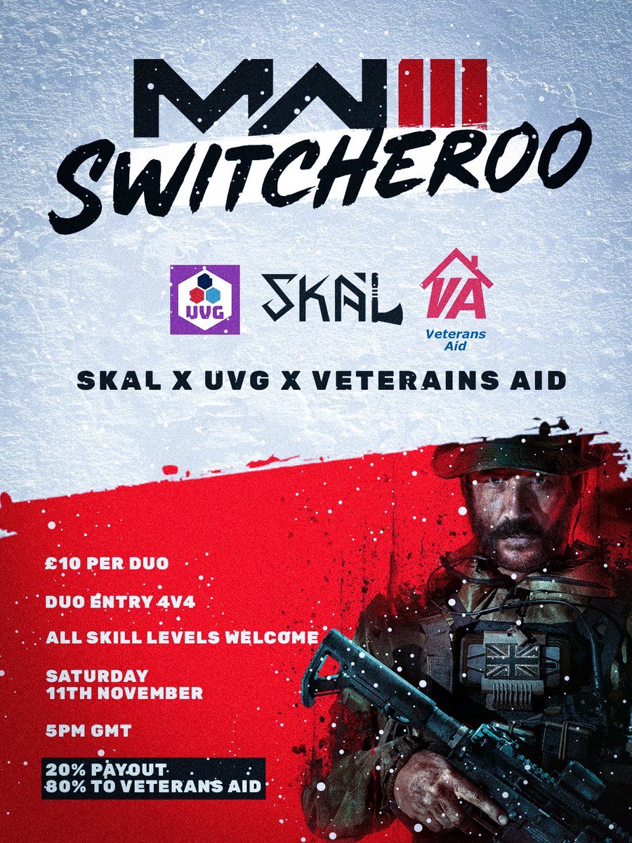 Remembrance weekend - #MW3  release weekend Switcheroo, all in aid of <a href="/VeteransAidUK/">Veterans Aid</a>! <a href="/UKVeteransGG/">UK Veterans Gaming 🇬🇧</a> <a href="/SkalEsports_/">SKÅL Esports</a>

discord.gg/5D8KJAkH