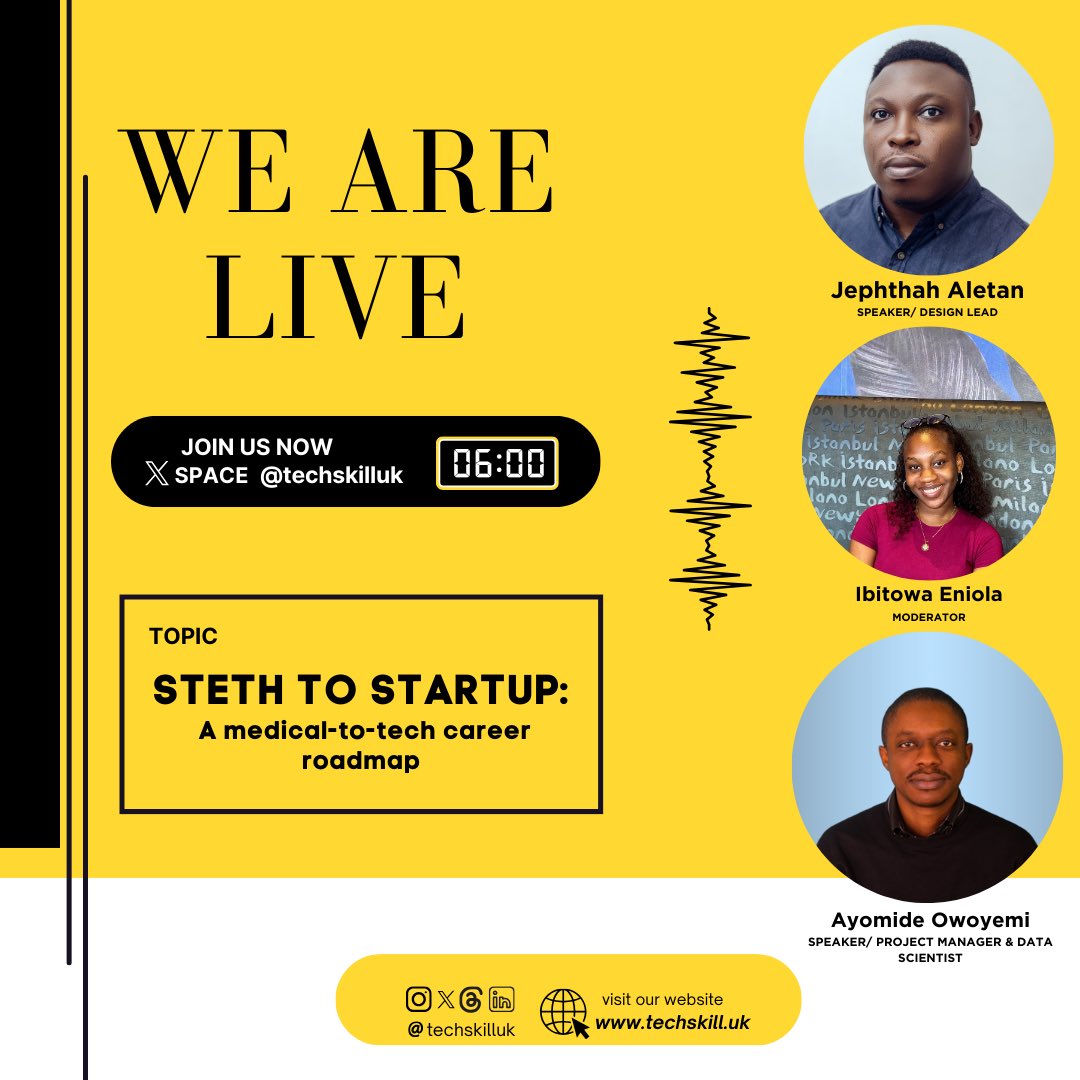TechSkillUk's tweet image. The discussion has started!
Tune in to the X (twitter) space now @techskilluk to join this insightful conversation.
#careerdevelopment #tech #techskill #stethtostartup