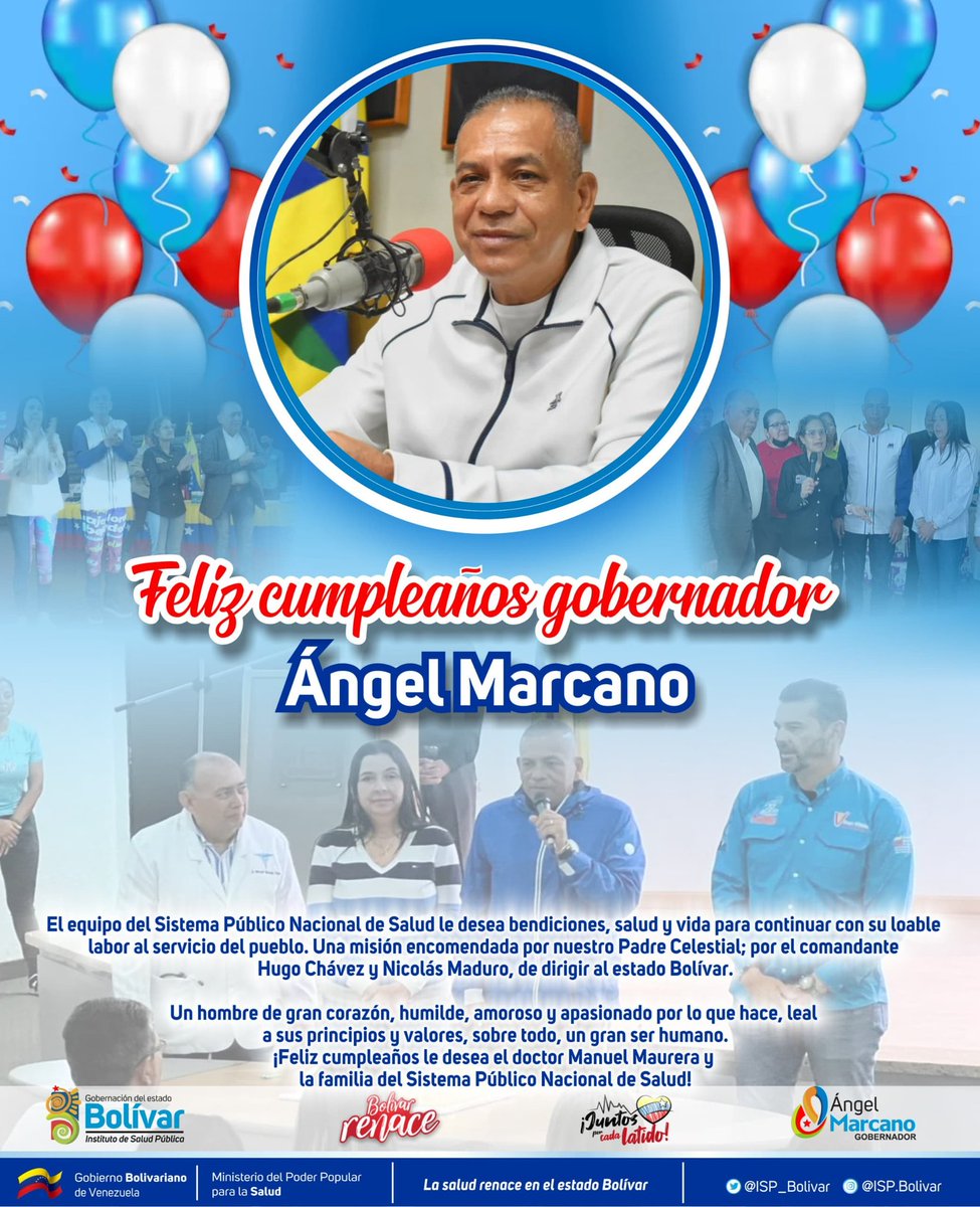 ISP_Bolivar's tweet photo. La familia del Sistema Público Nacional de Salud le desea bendiciones, salud y vida para continuar con su loable labor al servicio del pueblo. ¡Feliz cumpleaños, gobernador obrero @amarcanopsuv! https://t.co/ZqAu7vEegl