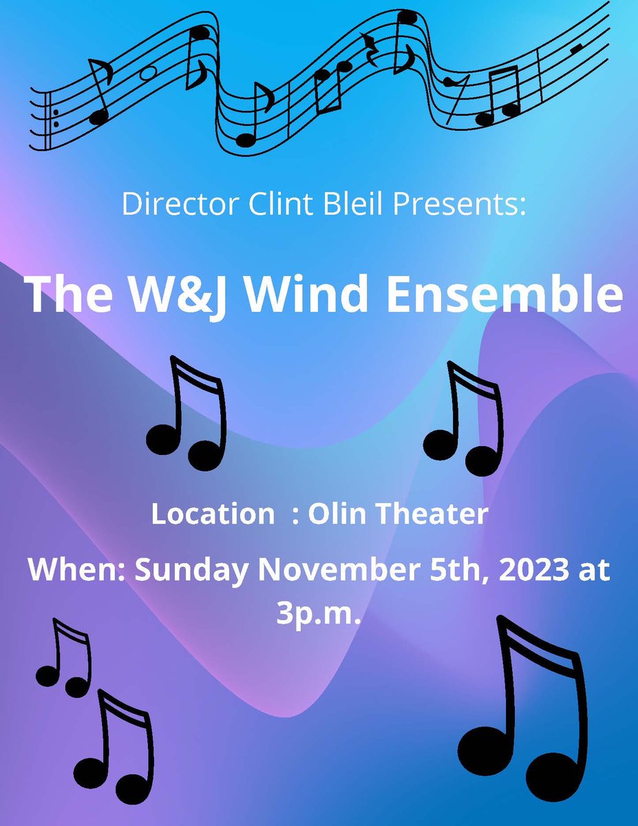 WJMusicDept's tweet photo. Come hear the W&amp;J Wind Ensemble, under the direction of Professor Clint Bleil, at 3:00 this afternoon (11/05) in Olin Theater! They will be performing many works for wind band, including a world premiere arrangement featuring Professor Anoo Mukherjee on violin. https://t.co/PtY56oLDmT