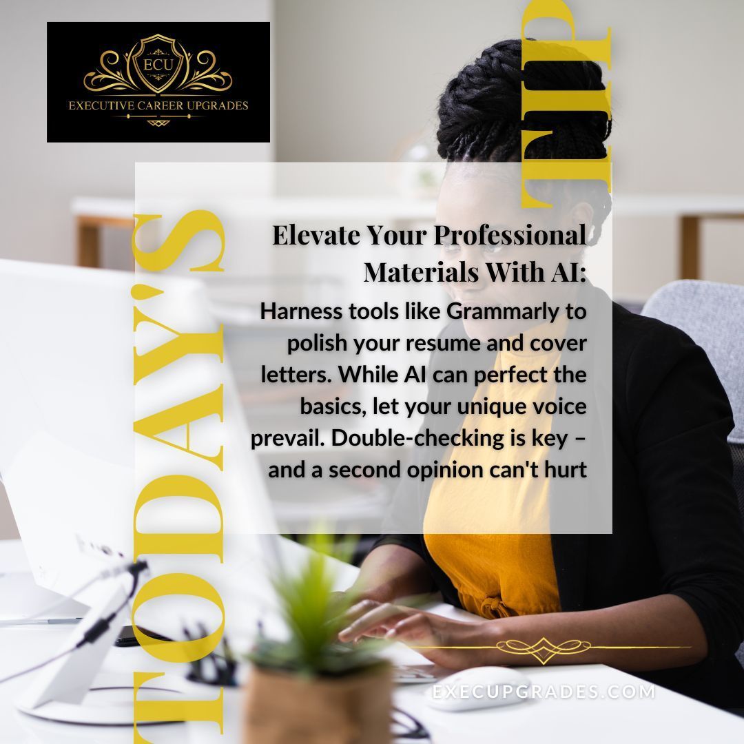 execcareerup's tweet image. Tip of the Day: Elevate your job docs with AI! Use tools like Grammarly for polish, but let your voice shine through. Always double-check & seek a second opinion! 🤖✍️ #AIBoost #ErrorFreeDocs #ResumeTips #CareerCoach