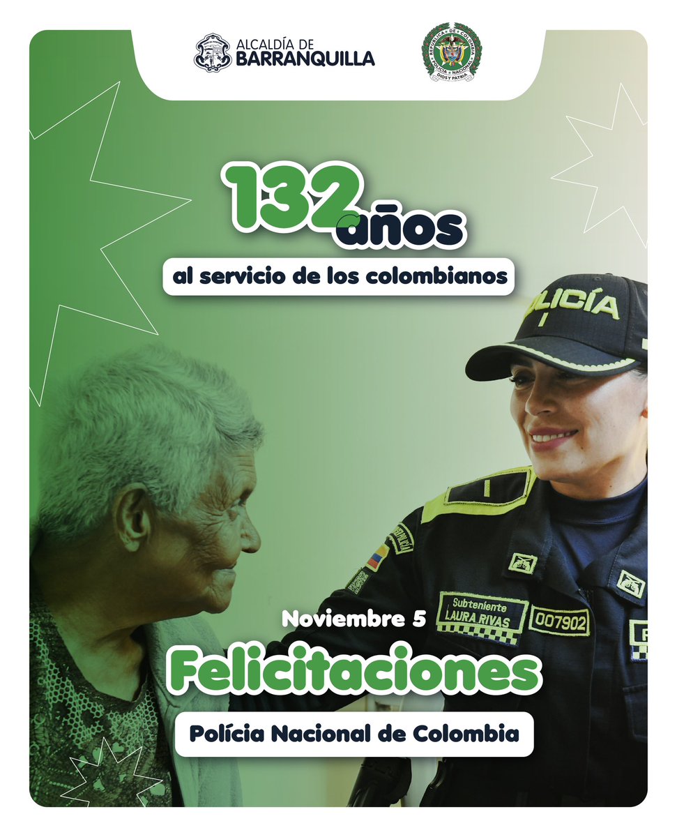 🔴🟡🟢 Desde la Alcaldía de Barranquilla nos unimos a la celebración de los 1️⃣3️⃣2️⃣ años de la Policía Nacional.  

👮‍♀️ 🚓 Una labor con vocación y compromiso para el bienestar de todos los ciudadanos. 🕊️ 

#132AñosSiemprePresentes