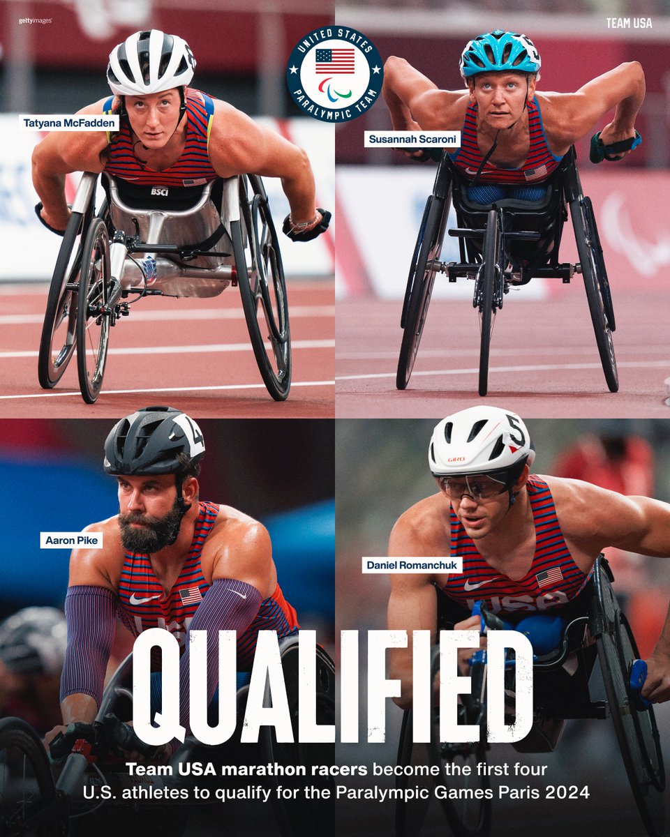Team USA (@teamusa) on Twitter photo The first 4οΈβ£ to the Paralympic Games <a href="/Paris2024/">Paris 2024</a>!
βοΈ <a href="/TatyanaMcFadden/">Tatyana McFadden</a>
βοΈ <a href="/KenyanScaroni/">Susannah Scaroni</a>
βοΈ <a href="/Pikester86/">Aaron Pike</a>
βοΈ <a href="/RomanchukDaniel/">Daniel Romanchuk</a>
<a href="/nycmarathon/">TCS New York City Marathon</a> | #RoadToParis The first 4οΈβ£ to the Paralympic Games <a href="/Paris2024/">Paris 2024</a>!
βοΈ <a href="/TatyanaMcFadden/">Tatyana McFadden</a>
βοΈ <a href="/KenyanScaroni/">Susannah Scaroni</a>
βοΈ <a href="/Pikester86/">Aaron Pike</a>
βοΈ <a href="/RomanchukDaniel/">Daniel Romanchuk</a>
<a href="/nycmarathon/">TCS New York City Marathon</a> | #RoadToParis