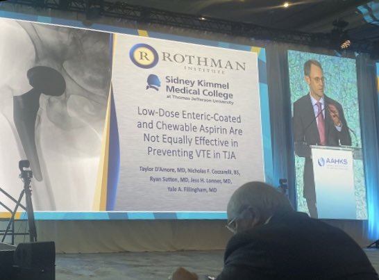 NickCozzarelli's tweet photo. Proud to have been a part of this presentation @AAHKS yesterday by my @RothmanOrtho mentor #YaleFillingham which suggested a transition to chewable aspirin for VTE prophylaxis in primary TJA. Thanks to Taylor, incoming fellow @OrthoCarolina for involving me and to #JessLonner 🦴 https://t.co/KbHlAeSkQh