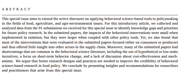 Pallavi Shukla 🇦🇺 🇮🇳 (@pallavi_shukla1) on Twitter photo How are researchers using behavioral science in the fields of food, agriculture, and agri-environmental issues? To find out, we invited papers for a Special Issue of the journal Food Policy (<a href="/_Food_Policy/">Food Policy</a>). Here’s what we learned (1/8):
🔗doi.org/10.1016/j.food…
<a href="/pauljferraro/">Paul J. Ferraro</a> How are researchers using behavioral science in the fields of food, agriculture, and agri-environmental issues? To find out, we invited papers for a Special Issue of the journal Food Policy (<a href="/_Food_Policy/">Food Policy</a>). Here’s what we learned (1/8):
🔗doi.org/10.1016/j.food…
<a href="/pauljferraro/">Paul J. Ferraro</a>
