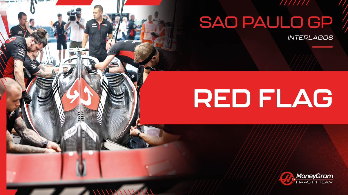 Lap 3/71: And now the race is red flagged to clear the debris and repair barriers at turn 1. #HaasF1 #BrazilGP