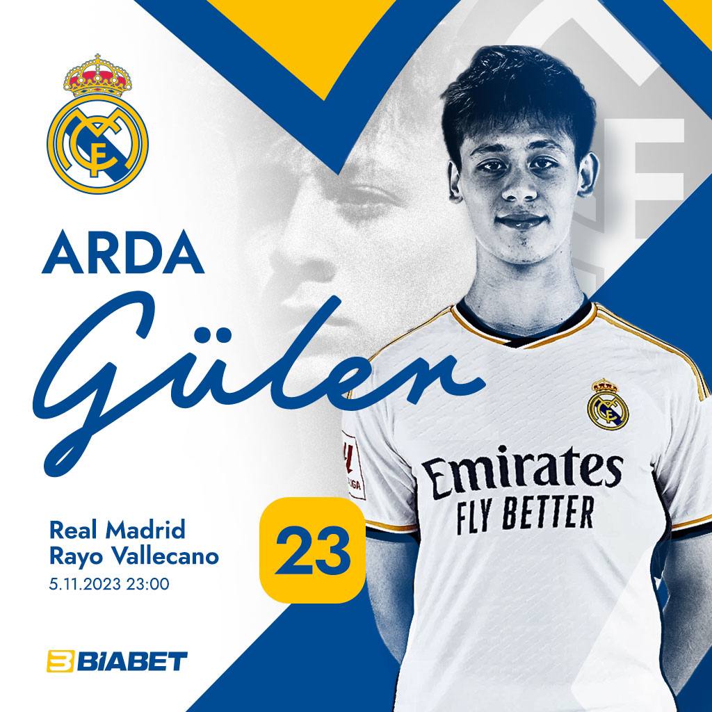 Arda Güler’in ilk defa Real Madrid formasıyla sahada olacağı maça saatler kaldı! ⌛️ Real Madrid 🆚 Rayo Vallecano 🕚 23:00 📺 Yayın: x.com/biabettv Maçın heyecanını Biabet’te yaşayın! biabetlink.com ⚡️