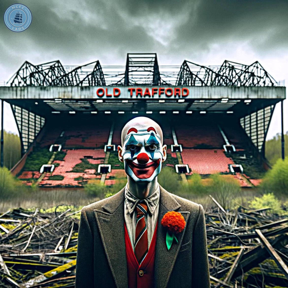 Old Trafford is falling down.

Ten Hag is a f**king clown.