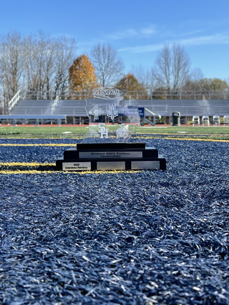 SienaHeightsFB's tweet photo. For the first time ever your Saints took home the MSFA Mideast Michigan trophy with their sweep of Concordia, Lawrence Tech, and Madonna this season!

#ONE💛💙 #FearTheHalo💫 https://t.co/Mx6qoTjISf