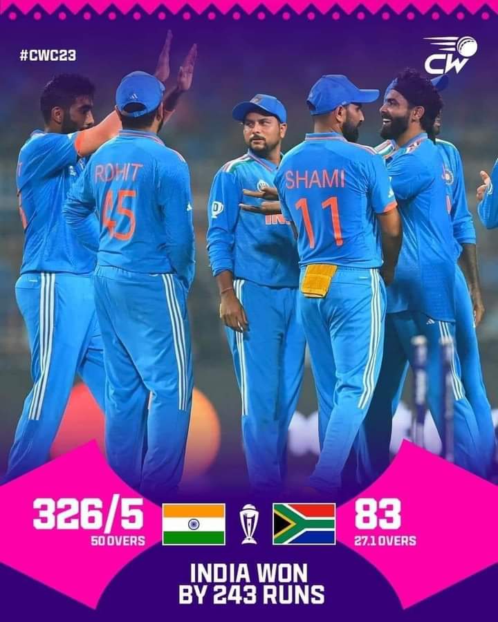 भारत की विराट जीत!🙏

#WorldCup2023 में दक्षिण अफ्रीका के खिलाफ अपने उत्कृष्ट प्रदर्शन से शानदार जीत दर्ज करने पर भारत क्रिकेट टीम को हार्दिक बधाई।‌ 
क्रिकेट विश्व कप जीतने की तरफ लगातार बढ़ते आपके कदम एवं अजेय प्रदर्शन से सारा देश गौरवान्वित है। @CWC23 @indvsauslive <a href="/jdu/">John Usher</a>