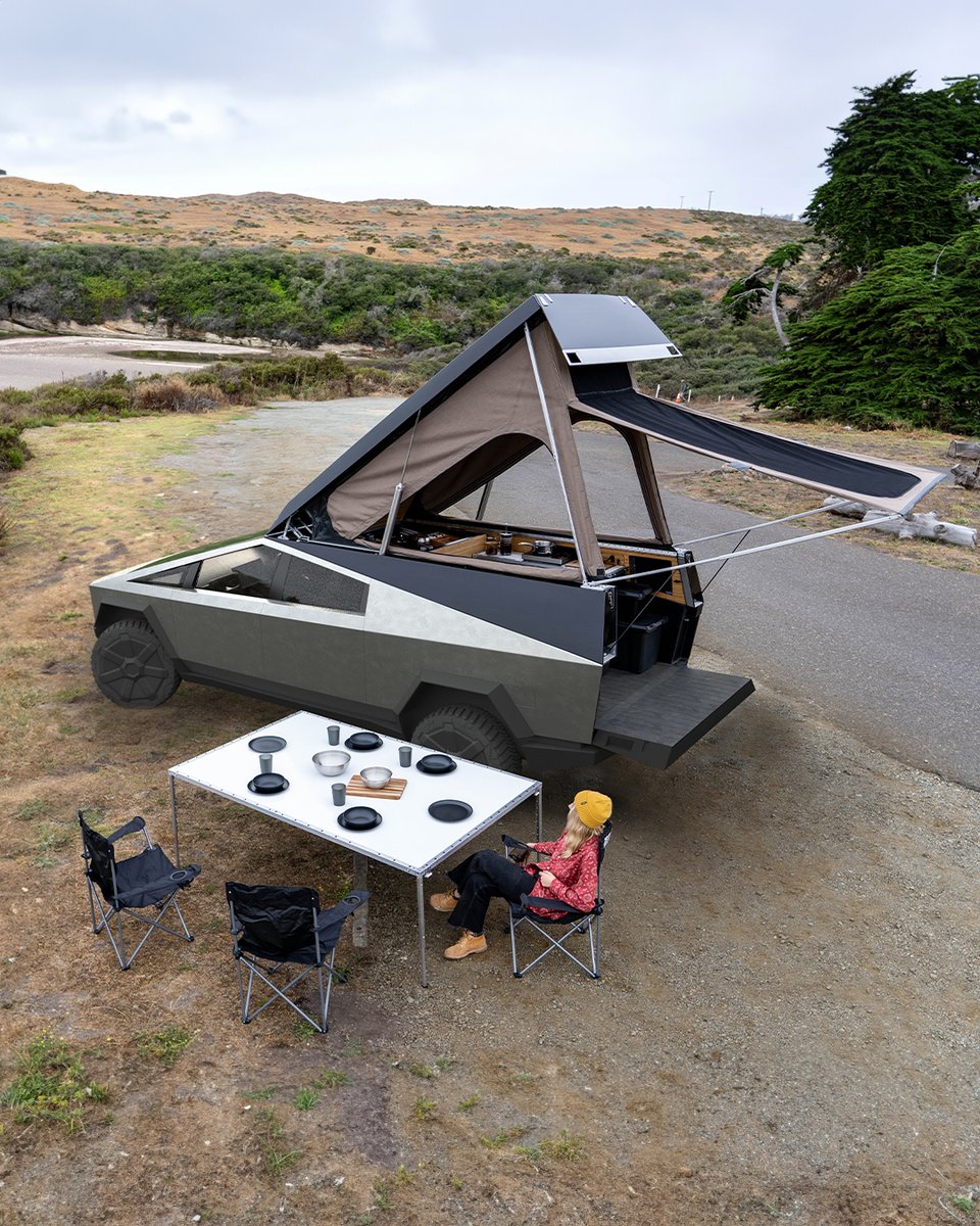 This first look at our mock-up camp kitchen features a foldable sink and faucet, plug-and-play countertops, and our prototype bed panel set up as an outdoor table. #Cybertruck #Camper #Tesla