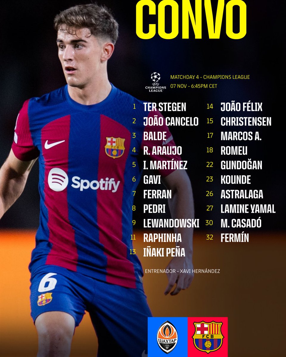 👥 𝐒𝐐𝐔𝐀𝐃 𝐋𝐈𝐒𝐓 

✈️ #ShakhtarBarça