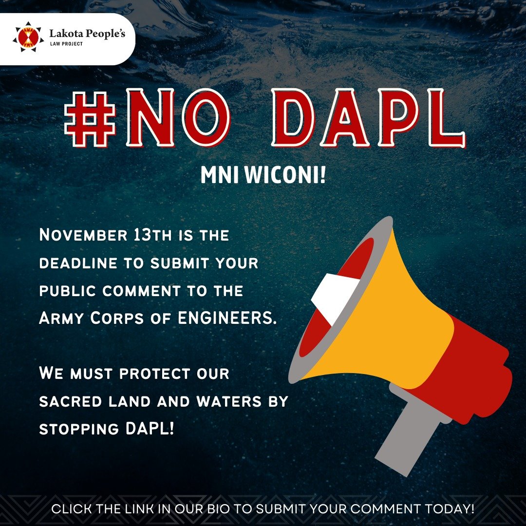 Join in solidarity with the Standing Rock Sioux Tribe to demand a new and valid Environmental Impact Statement (EIS) for the Dakota Access Pipeline (DAPL). #STOPDAPL #FreePriorAndInformedConsent #LandBack #HonorTheTreaties #NAHM 

@LakotaPeoplesLawProject
lakota.law/DAPL-EIS-2023