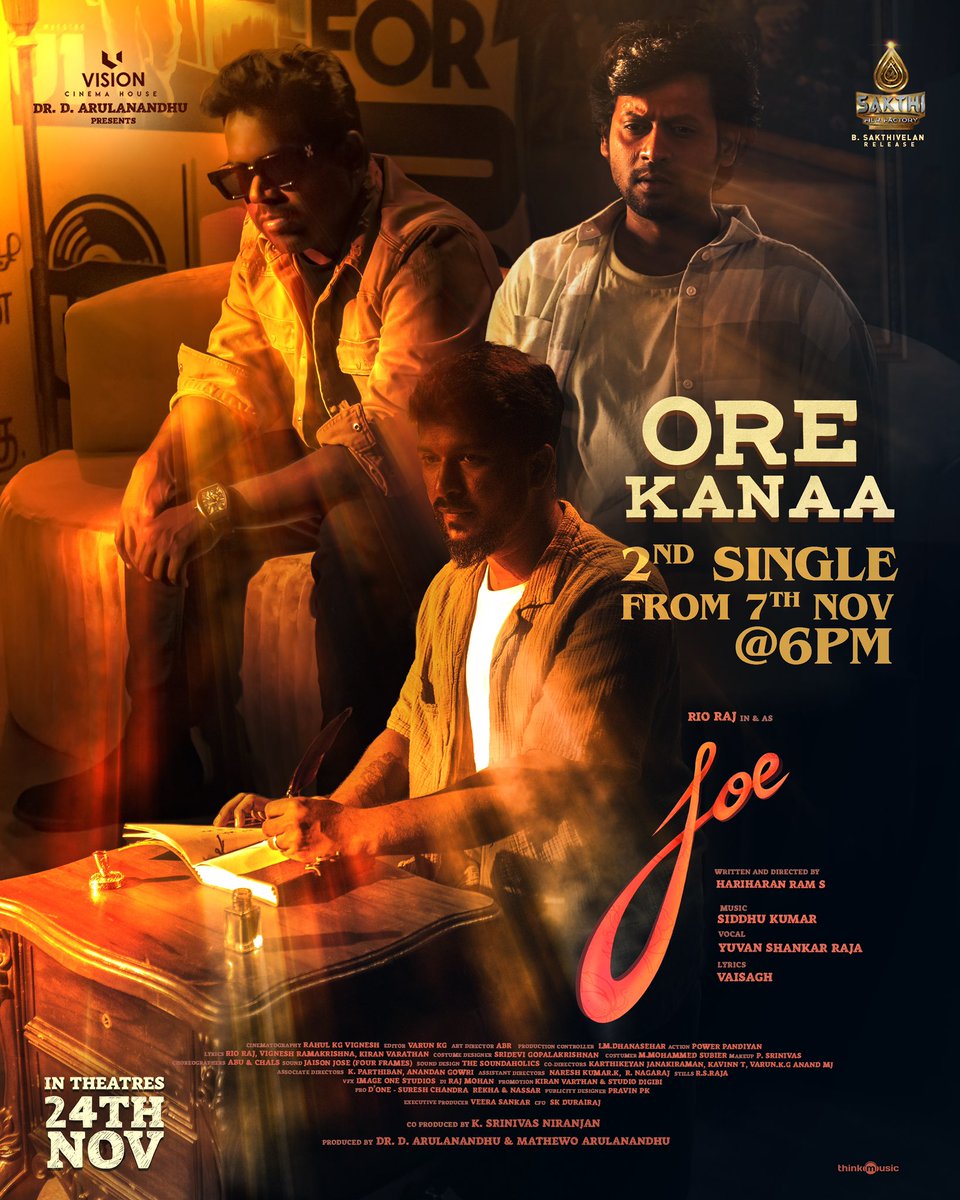 vaisagh (@vaisaghofficial) on Twitter photo The new drug U1 <a href="/thisisysr/">Raja yuvan</a> Vocal's grooving addiction #OreyKanaa in K'town from #Joe starring @rio.raj is releasing on November 7,2023.
A <a href="/hariharanram24/">Hariharan ram</a> 🎬
@music_siddhu @pannaibrothers_ <a href="/vchproduction/">Vision Cinema House</a> @thisismathewo @sakthifilmfctry <a href="/thinkmusicindia/">Think Music</a> @donechannel1 <a href="/Actor_KG/">Varun KG Official</a> The new drug U1 <a href="/thisisysr/">Raja yuvan</a> Vocal's grooving addiction #OreyKanaa in K'town from #Joe starring @rio.raj is releasing on November 7,2023.
A <a href="/hariharanram24/">Hariharan ram</a> 🎬
@music_siddhu @pannaibrothers_ <a href="/vchproduction/">Vision Cinema House</a> @thisismathewo @sakthifilmfctry <a href="/thinkmusicindia/">Think Music</a> @donechannel1 <a href="/Actor_KG/">Varun KG Official</a>