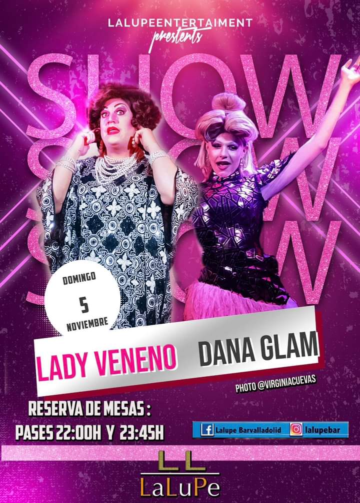 #GoValladolid Domingo <a href="/Lalupebarpucela/">Lalupe BarValladolid</a>
 16:30h TARDEO+PUNTO DE ENCUENTRO 
 22:00h SHOW con LADY VENENO @ladyvenenoviuda y DANA GLAM @imdanaglam 
23:45h el 2º pase del SHOW 
#culturasiempre #Risas
#localesmolones #Valladolid