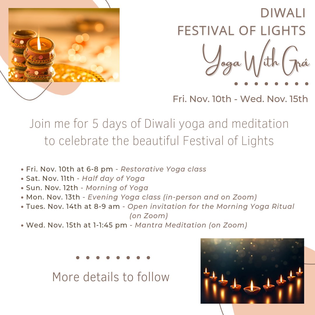 Mark your calendars for Yoga with Grá's upcoming Diwali celebrations. Honour the #FestivalofLights, symbolizing the triumph of light over darkness🕯✨️ 
DM me for more details.

#diwali2024
#lightoverdarkness
#innerlight
#prayforpeace
#louthchat
#louthyogagirl