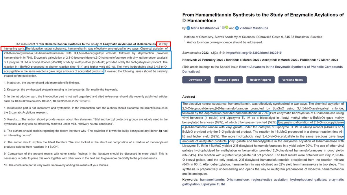 maoviedogarcia's tweet photo. 31.
#ReviewMill #CoerciveCitation #FakeReview @Biomolecules_MDPI @MDPIOpenAccess
Reviewer 4 Mazloom➡️2 articles
🔹Reviewer=coauthor
🔹Coauthor #ReviewMillSeries➡️Shaid Iqbal
🔹Abstract in the review
🔹Standard review
🔷“is very week”
https://t.co/0dcMuaMyPl https://t.co/ZKvXq7hB9N