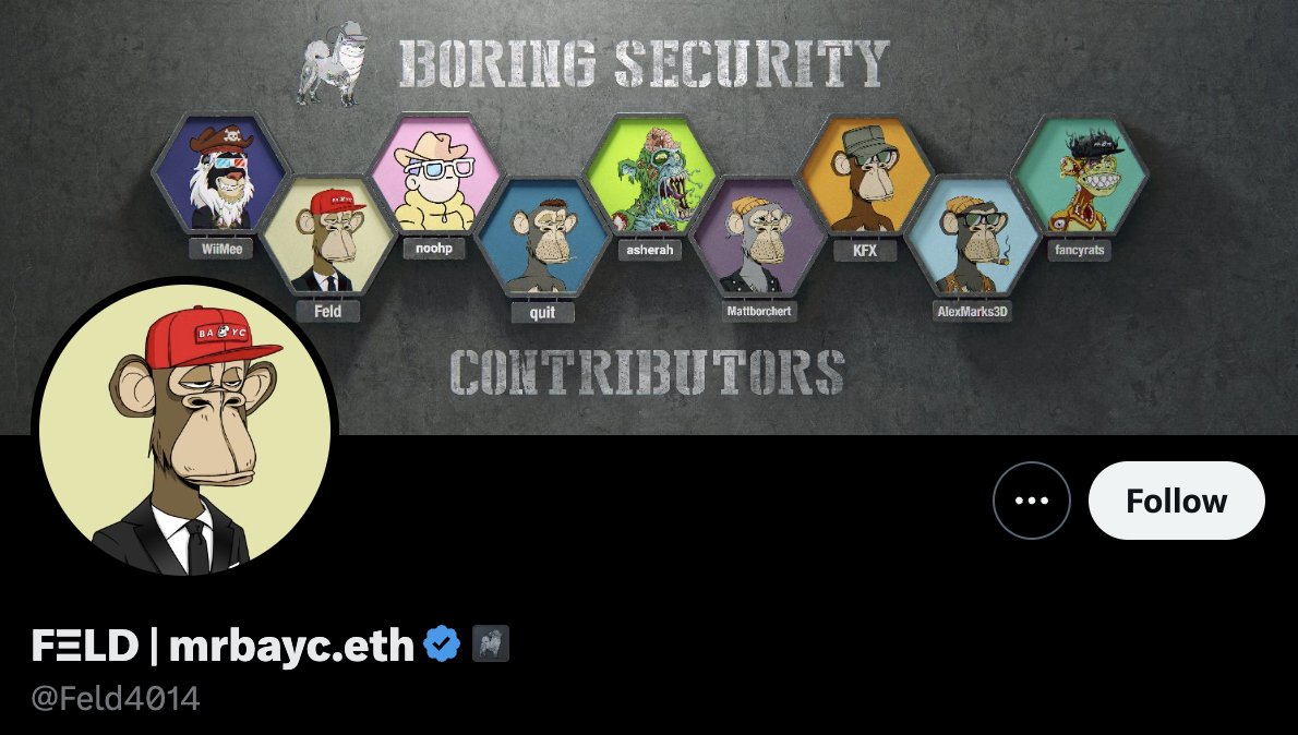 39/ - @Feld4014

➬ Engaged in @BoringSecDAO activities
➬ Owner of BAYC #4014

Slogans to live by: "T...
