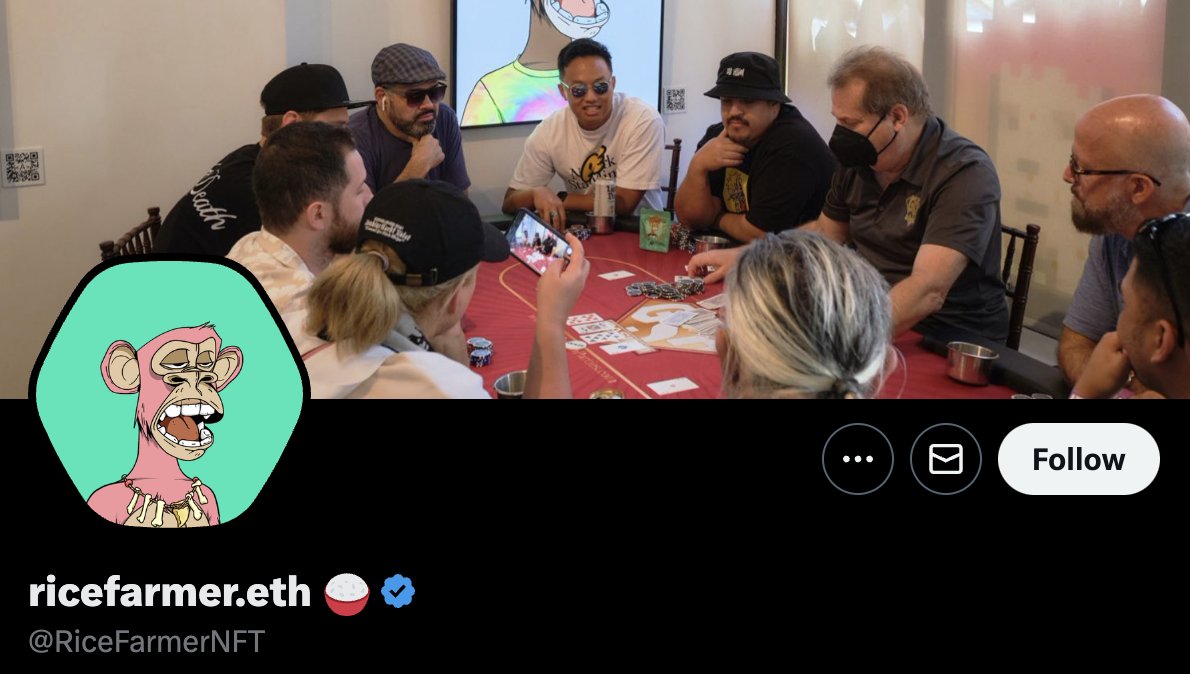 49/ - @RiceFarmerNFT

➬ Software Engineer extraordinaire
➬ Owner of BAYC #7895
➬ Founder of such pro...