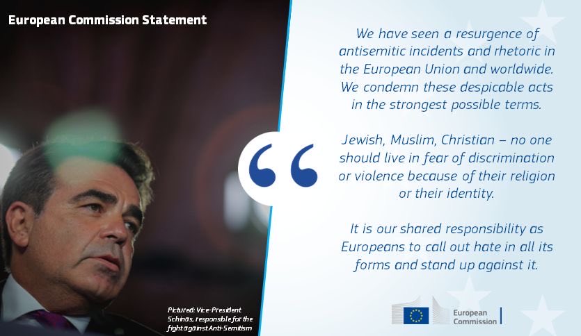 MargSchinas's tweet photo. In the past weeks, Europe has seen a  rise in antisemitic incidents at a level reminiscent of some of the darkest moments in our history.

Hate has no place in the European 
Union. 

Never again is now. 

We at the @EU_Commission take a clear stand: https://t.co/7n7uABKwD9 https://t.co/aCtYibTmtz